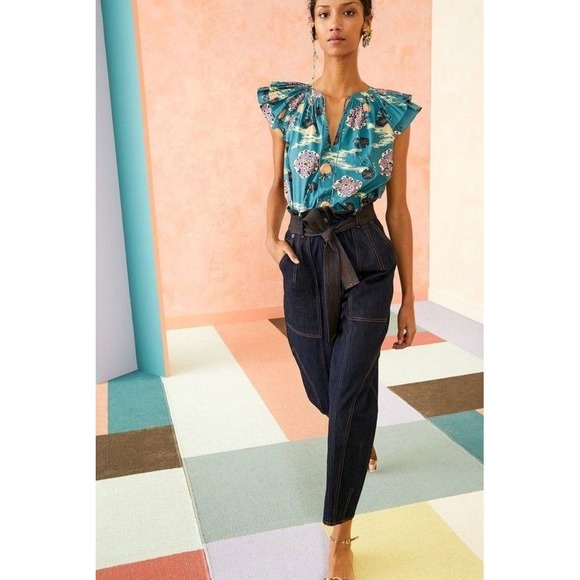 Ulla Johnson Elia Top River Blue Floral Blouse V-Neck Tassel Ruffled Sleeve Sz 2 - Picture 2 of 12